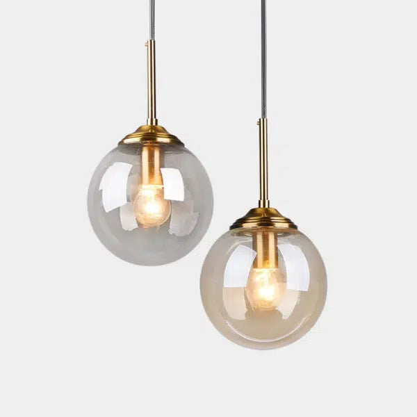 Hand-Blown Glass Globe Pendant Light Brass – Amber & Clear | Qonforta