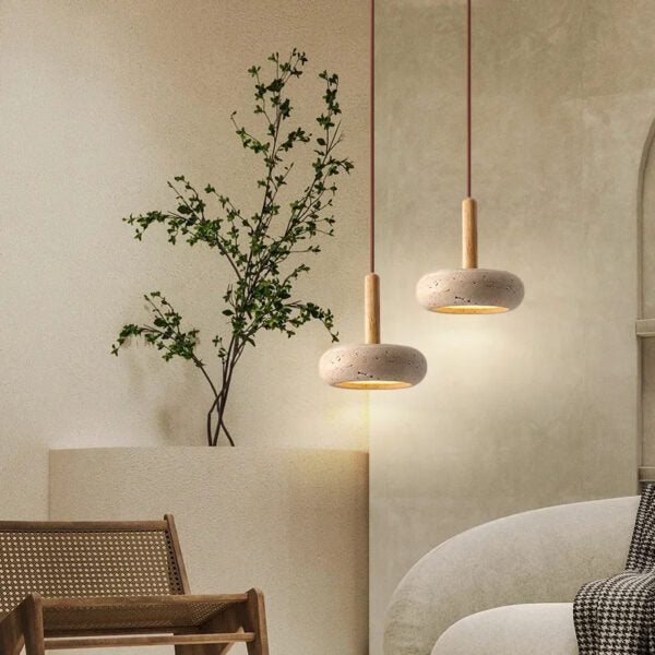 Natural Stone Pendant Light Travertine & Wood LED – 3 Light Modes | Qonforta