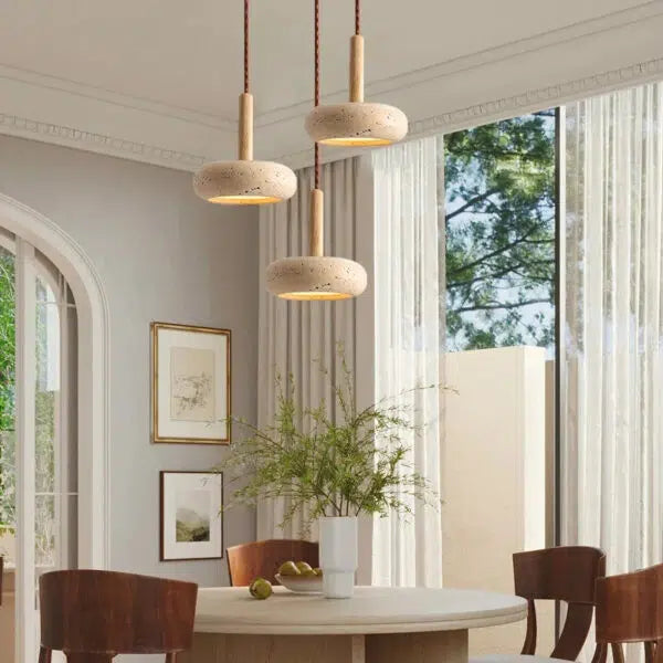 Natural Stone Pendant Light Travertine & Wood LED – 3 Light Modes | Qonforta