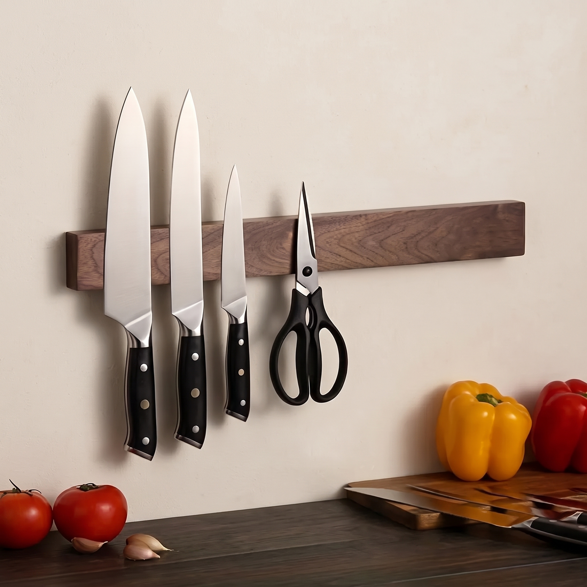 Walnut magnetic knife strip holding three knives and scissors above a kitchen counter
