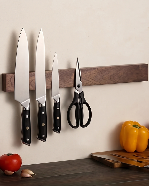 Walnut magnetic knife strip holding three knives and scissors above a kitchen counter