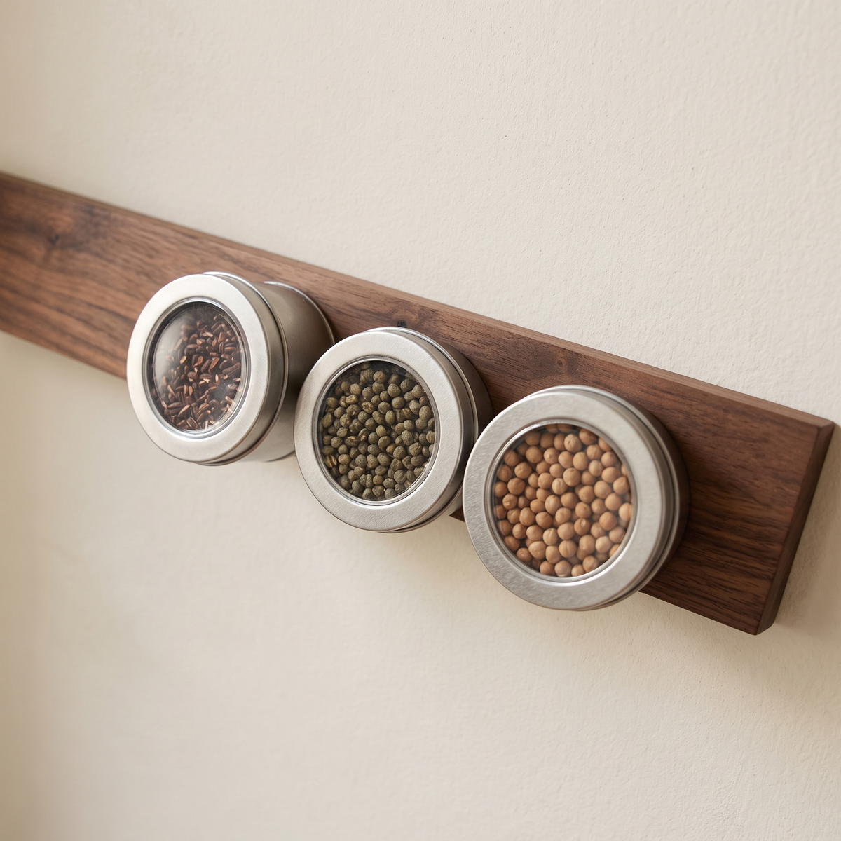 Three steel spice tins held on a walnut magnetic strip