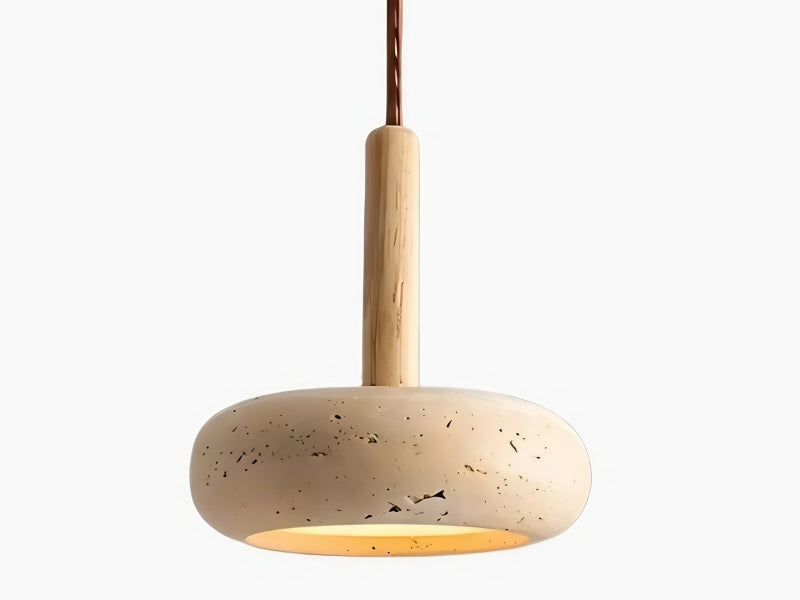 Travertine stone pendant light with a wood stem and a lit opening under the shade