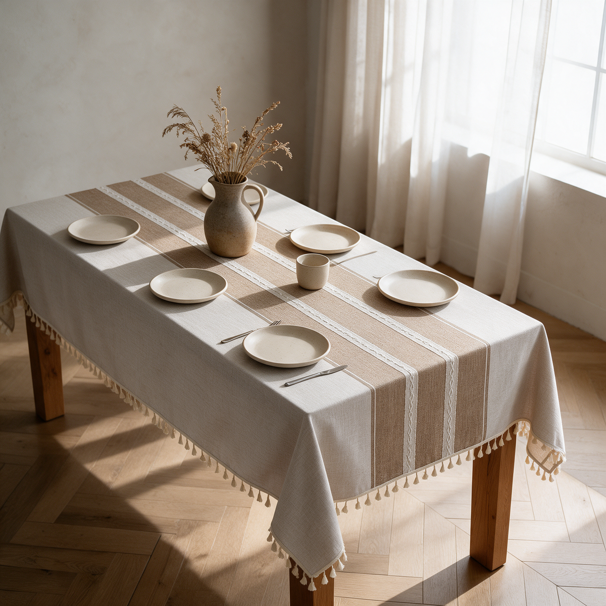 Oatmeal tablecloth with woven stripes on a dining table by a window