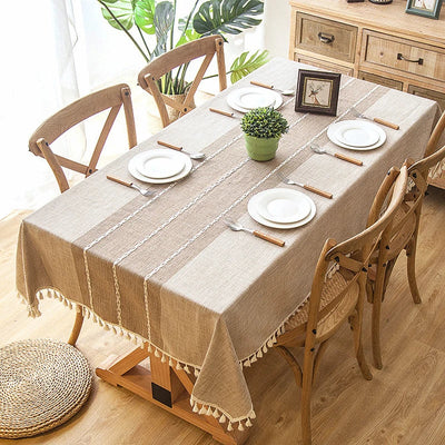 Cotton Linen Tablecloth with Woven Stripes and Tassel Trim, Rectangle