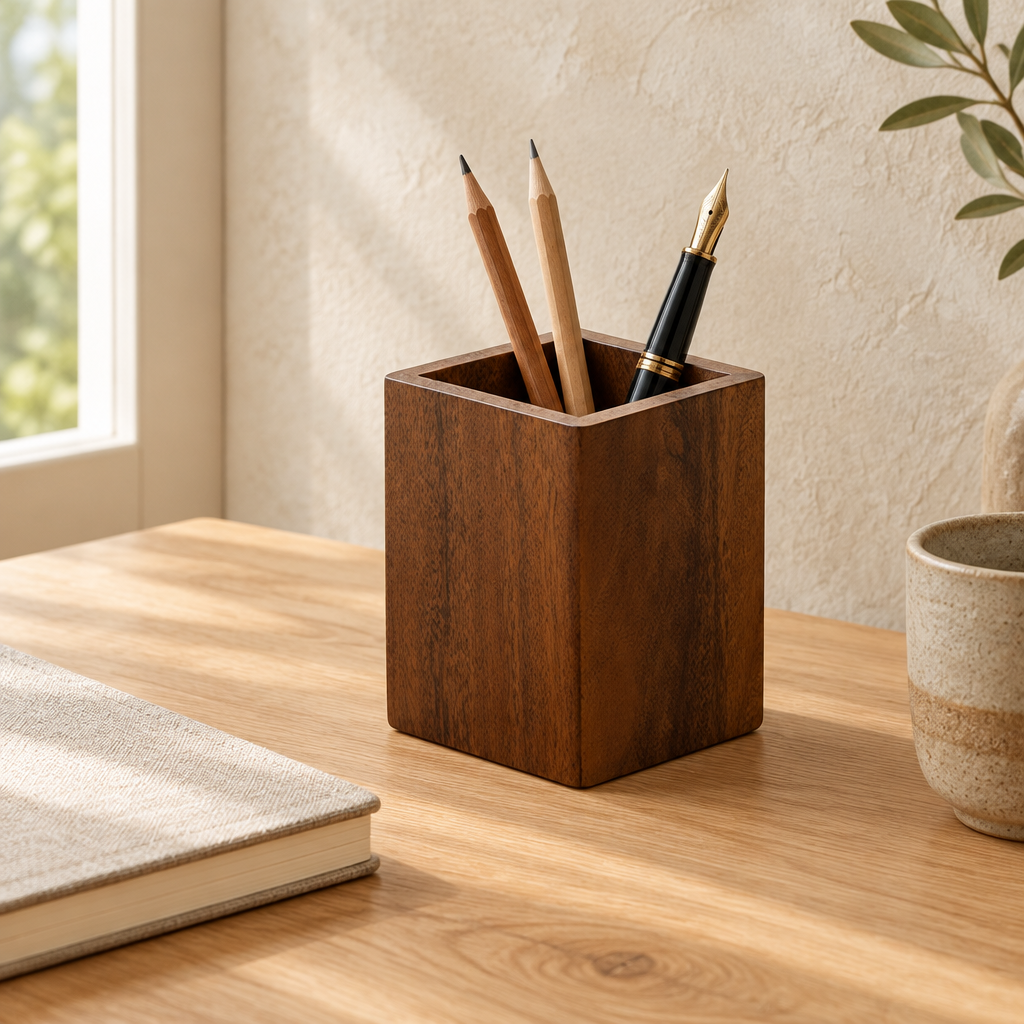 Square walnut pen holder with pencils on a desk by a window