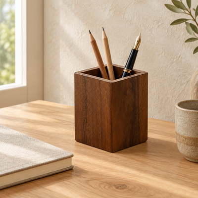 Walnut Pen Holder for Desk, Wooden Pencil Cup in Square or Angled Shape