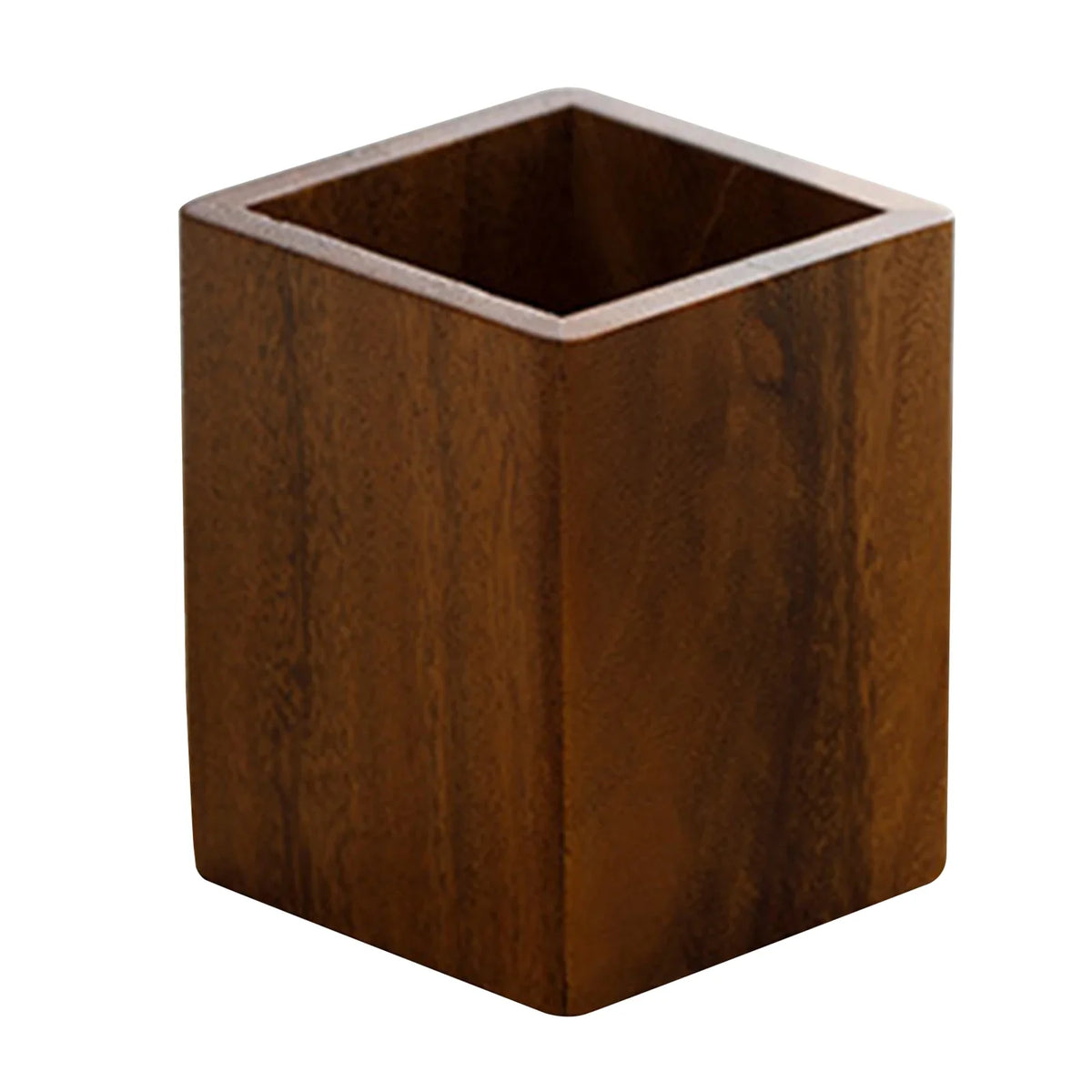 Square walnut pen pot with a wide opening on white