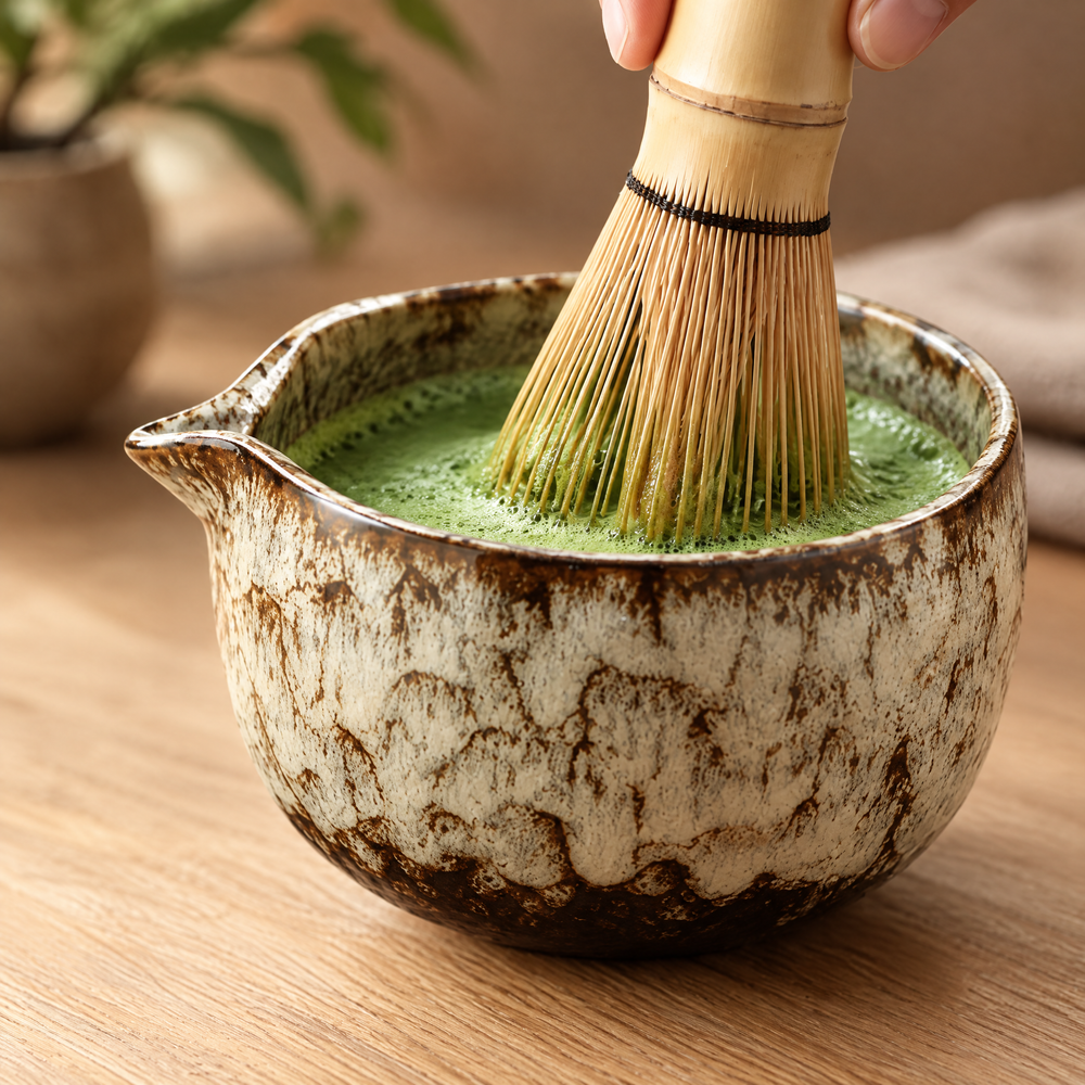 Bamboo whisk frothing matcha in the cream drip glazed spouted bowl