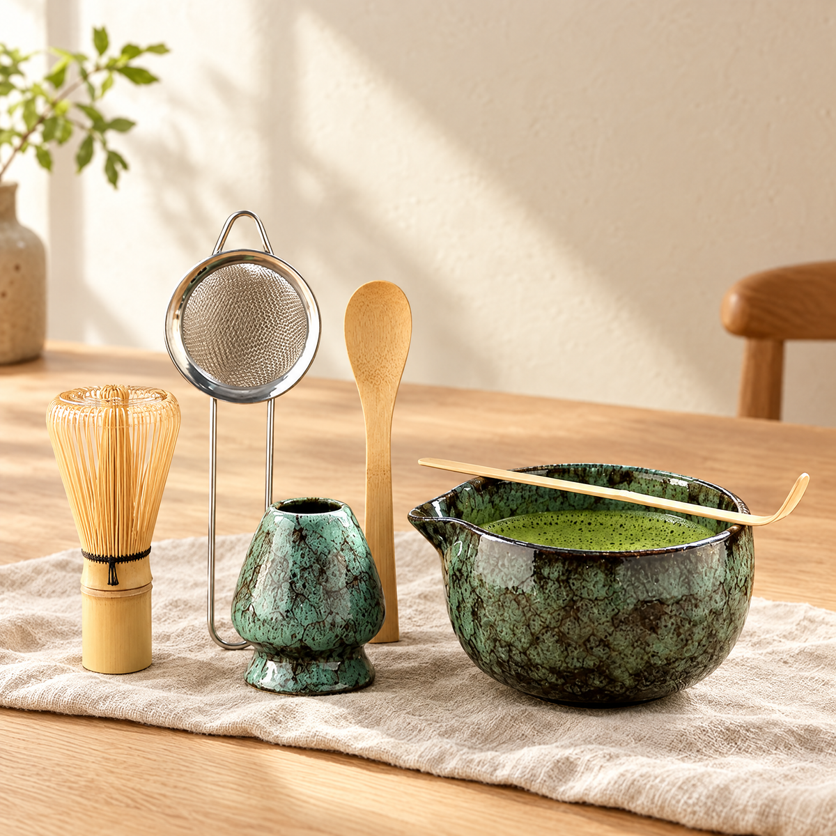 Sea green matcha set with spouted bowl, whisk holder, whisk and sieve