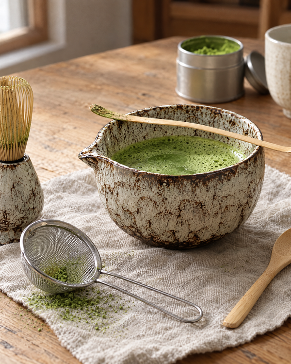 Cream glaze matcha bowl with bamboo whisk, scoop, spoon and sieve on linen