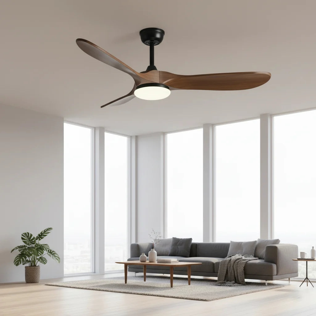 Vintage Ceiling Fan with LED Light – Black & Dark Wood | Qonforta