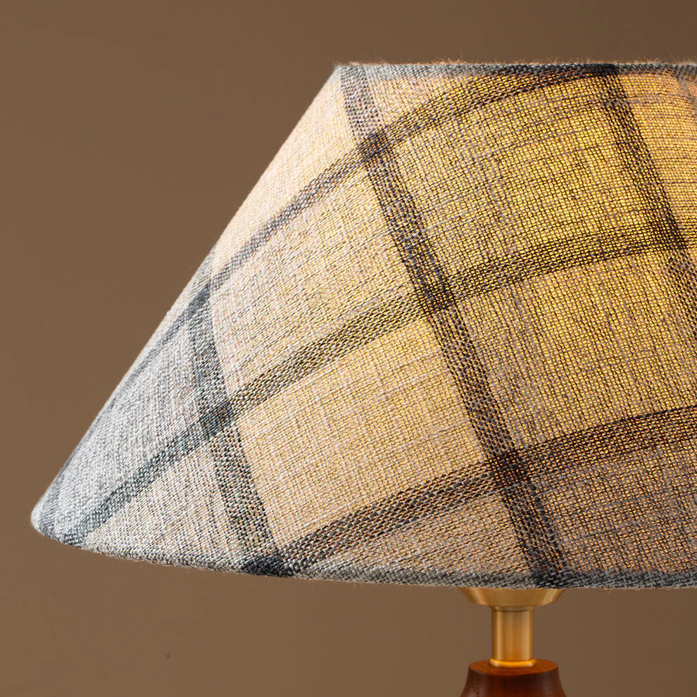 Plaid Fabric Table Lamp | Carved Wood Base, Vintage Warm Glow | Qonforta