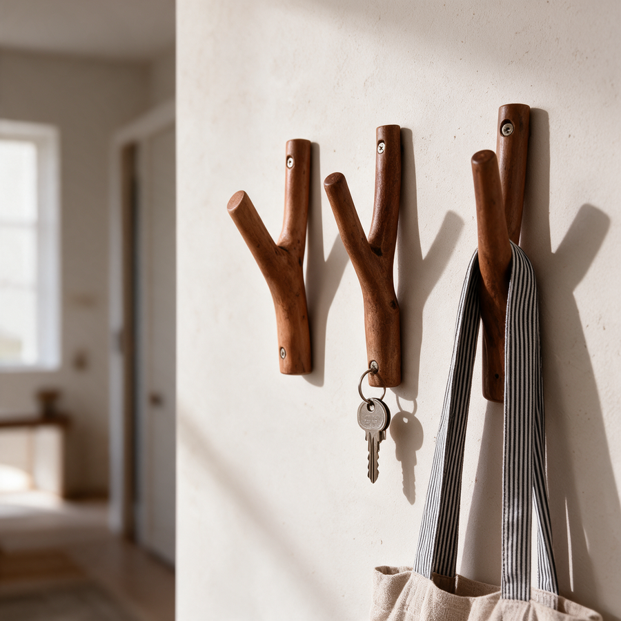 Three branch wall hooks holding keys and a tote bag in a bright hallway