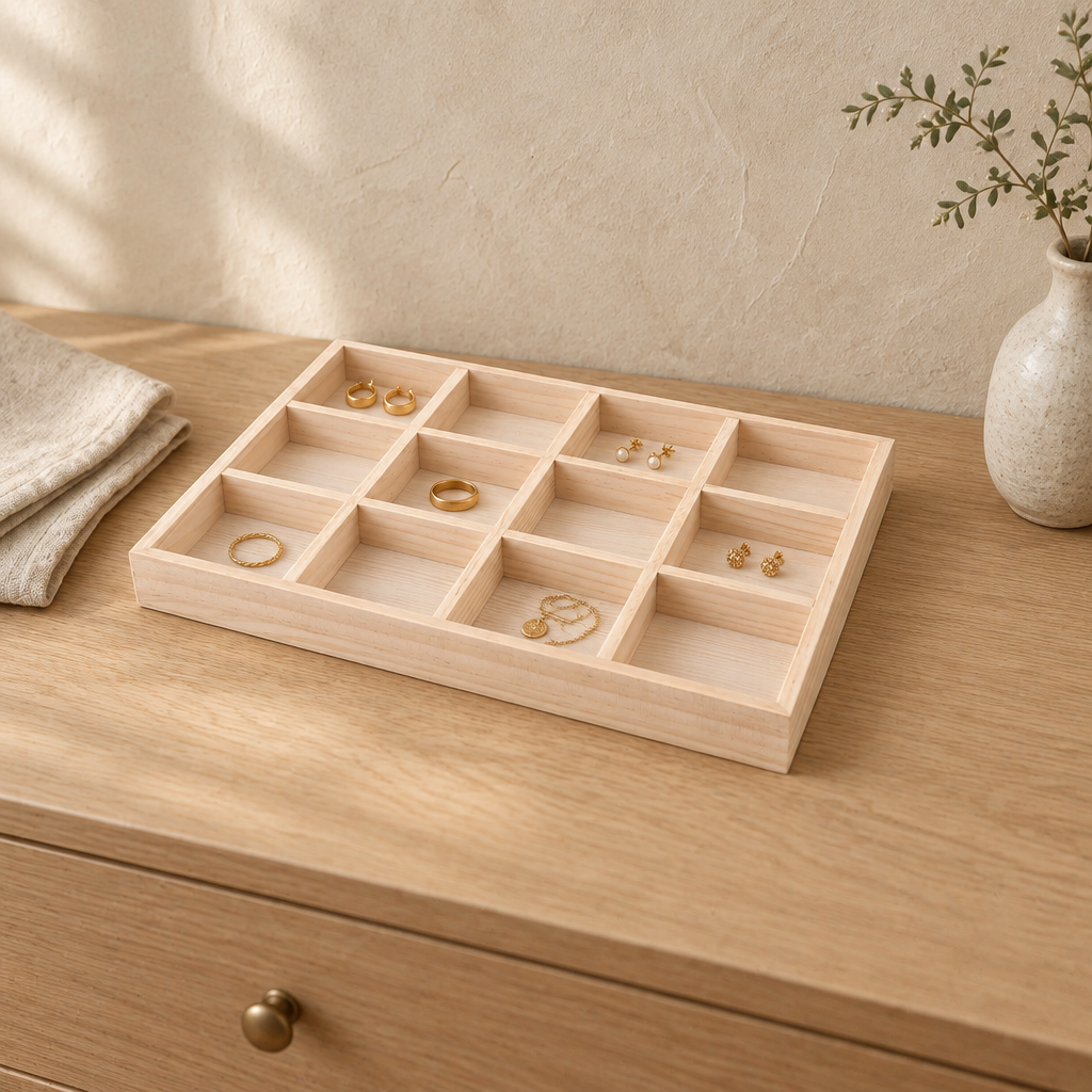 Wooden jewelry tray with 12 compartments of rings on an oak dresser