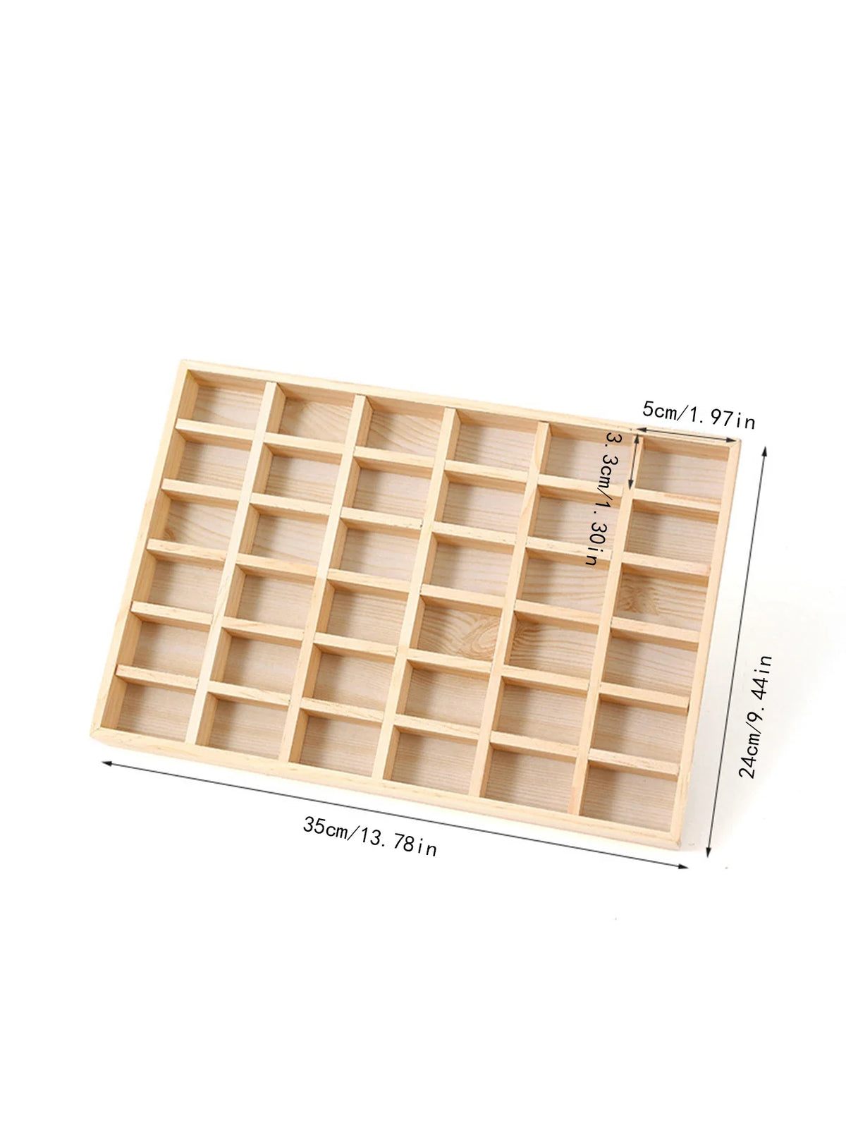 Wooden jewelry tray with 36 small compartments with size lines