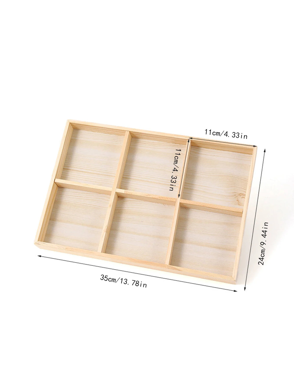 Wooden jewelry tray with 6 large compartments with size lines