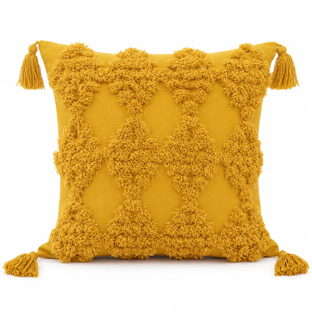 Yellow square tufted cushion cover showing raised tufted texture